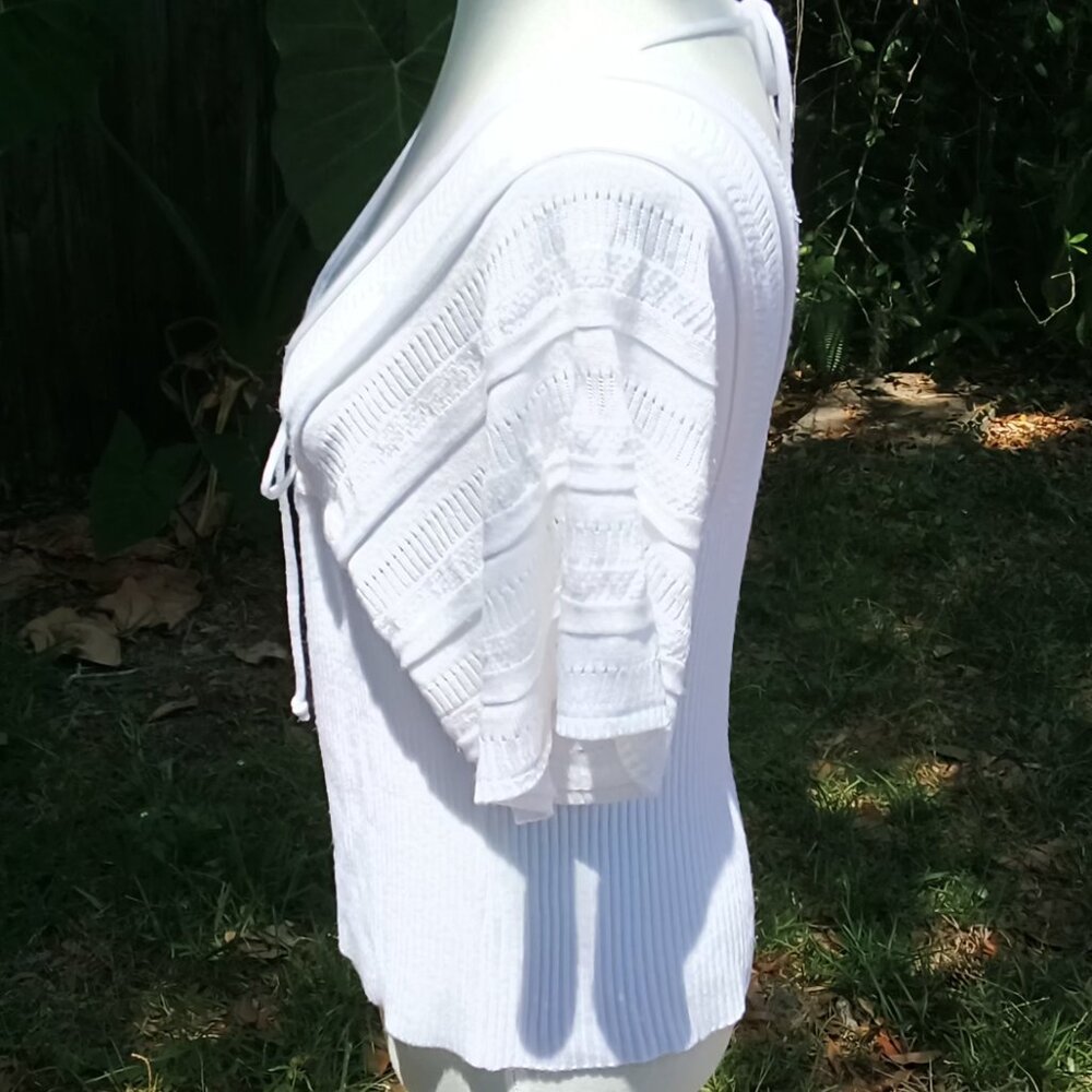 Womens Gorgeous Knitted White Deep V Front Off The Shoulders Knit Neck Tie Top🌼 - Picture 5 of 16
